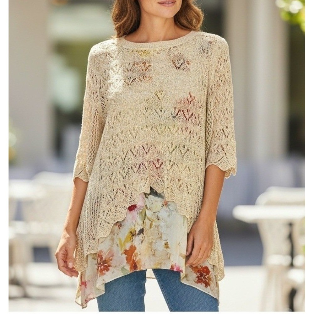 VTG CRISTINA Women Sweater Top S Beige Lace Floral Tunic Whimsical Ethereal Airy